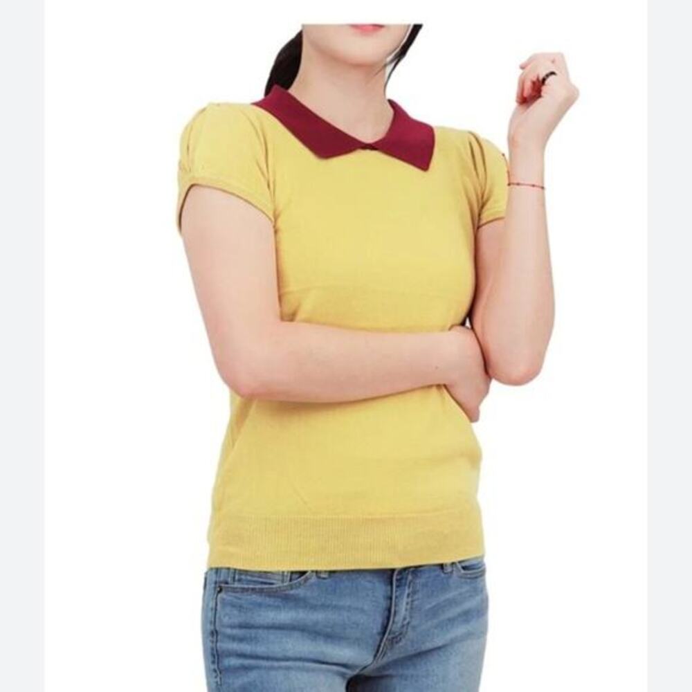 MAK Classic Contrast Collar Short Sleeve Knit Pullover Retro Sweater Size Large